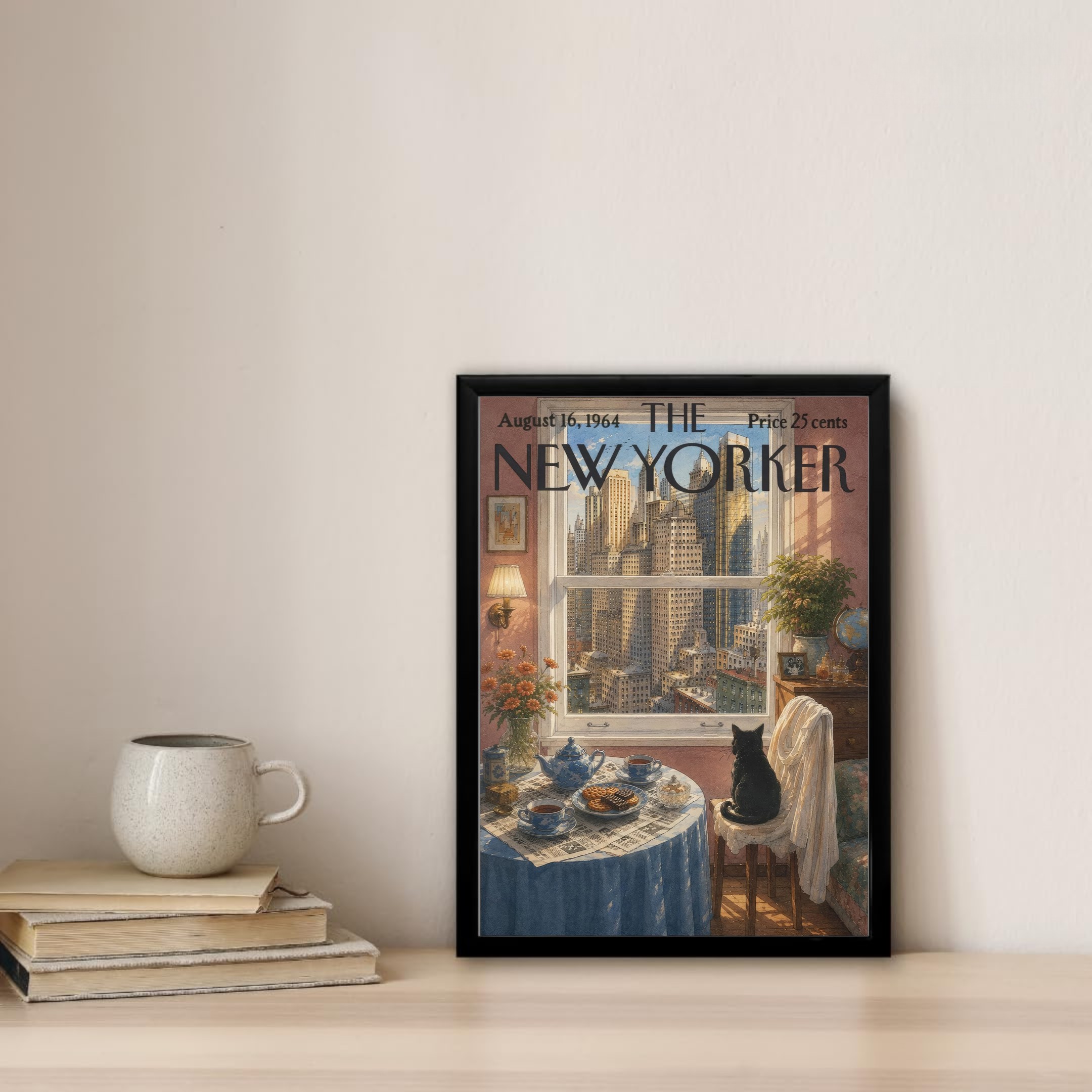Alternative view of Vintage New Yorker Poster Retro Nyc Cat Window Print Mid-century Magazine Cover City View Wall Art Home Decor