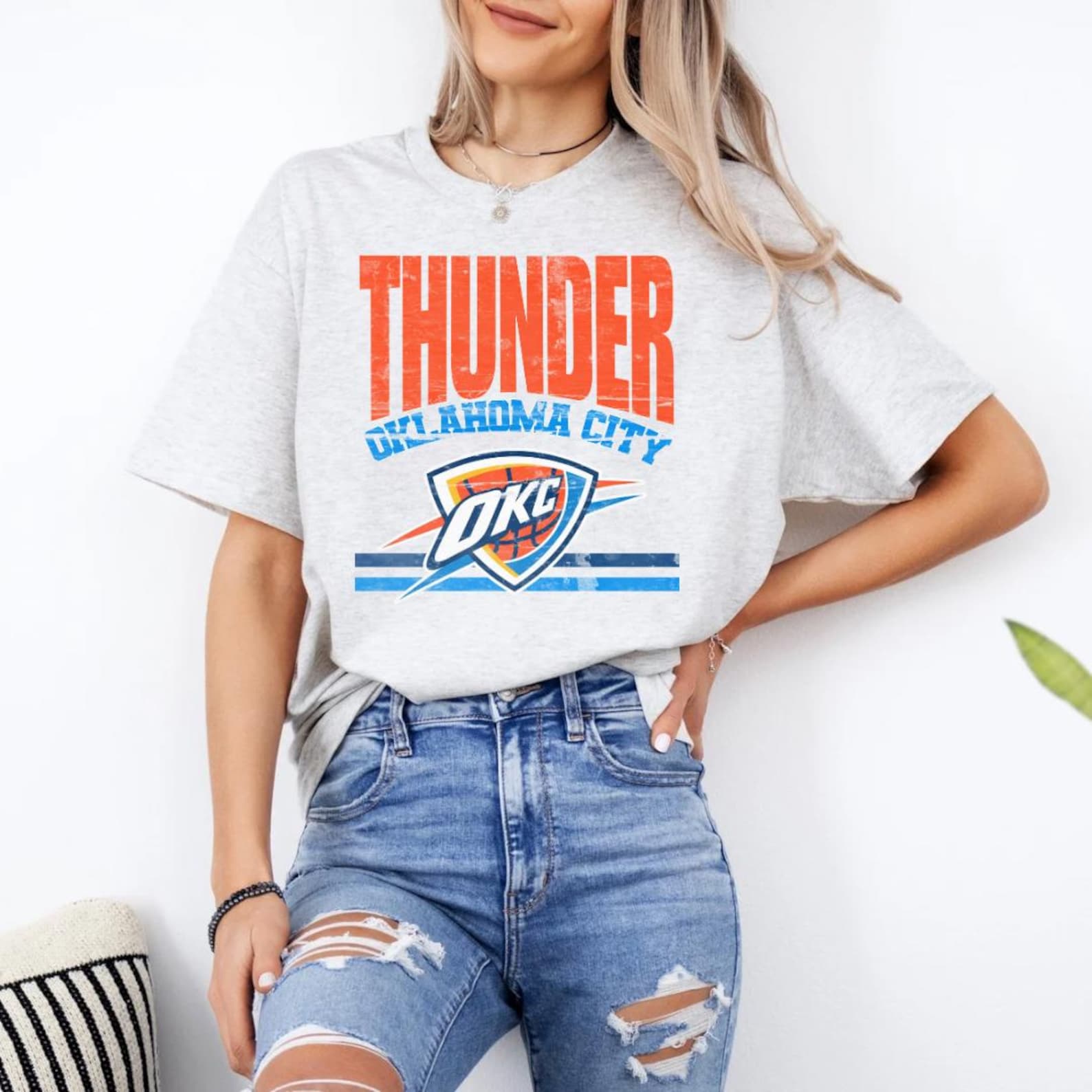 Alternative view of Distressed Varsity Okc Shirt; Oklahoma City Basketball Crewneck