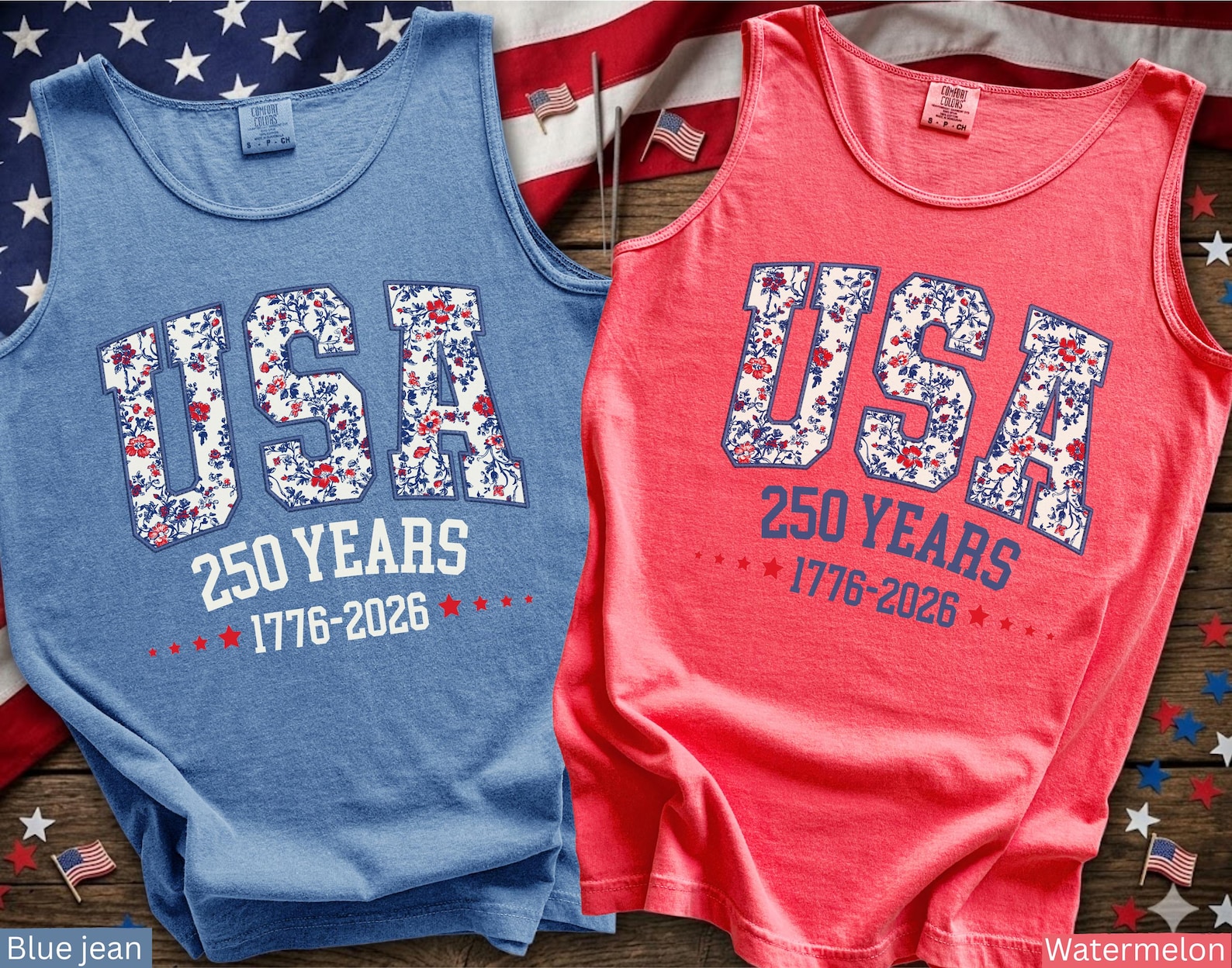 USA Tank 4th of July Tee Floral USA Shirt Summer Patriotic Memorial Day Tee for women, America EST 1776 Red White Blue Heavy Cotton Tank Top