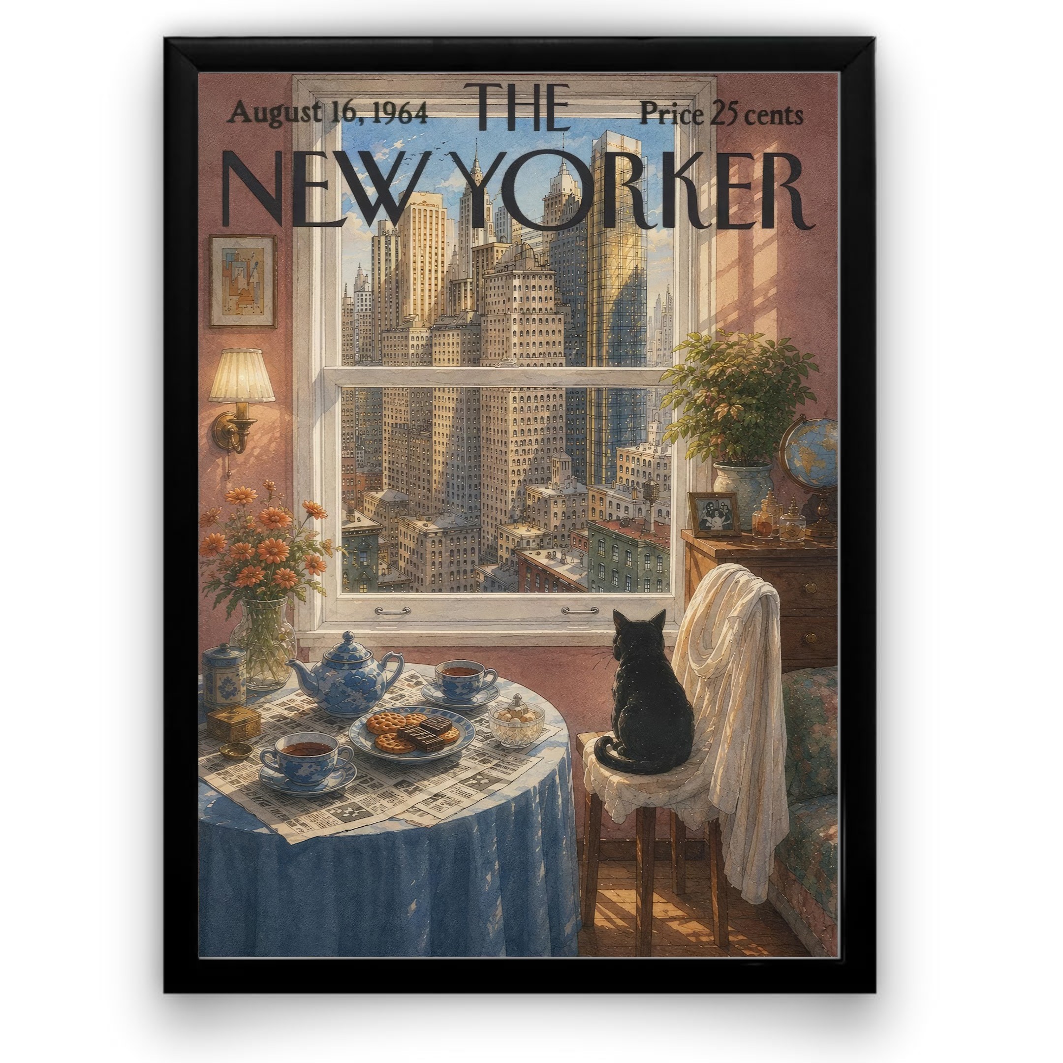 Vintage New Yorker Poster Retro Nyc Cat Window Print Mid-century Magazine Cover City View Wall Art Home Decor