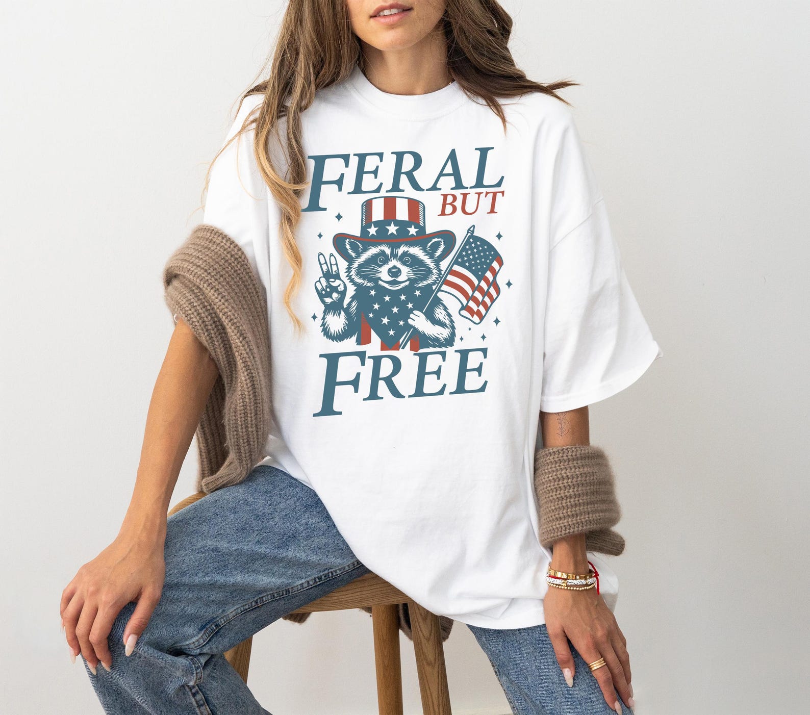 Alternative view of Feral But Free Raccoon Shirt, Funny 4th Of July Boys Tee, Patriotic Tee,independence Day Tee,cute Raccoon Graphic Shirt