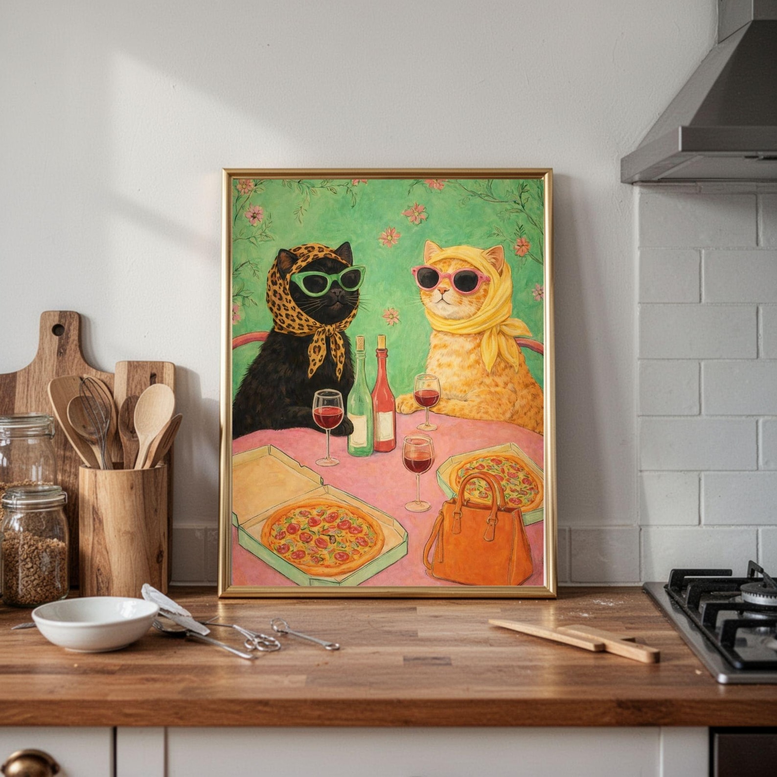 Alternative view of Funny Cat Wall Art Print, Whimsical Kitchen Poster, Fashion Cats Artwork, Colorful Animal Decor, Cute Pizza Cat Art, Maximalist Wall Print