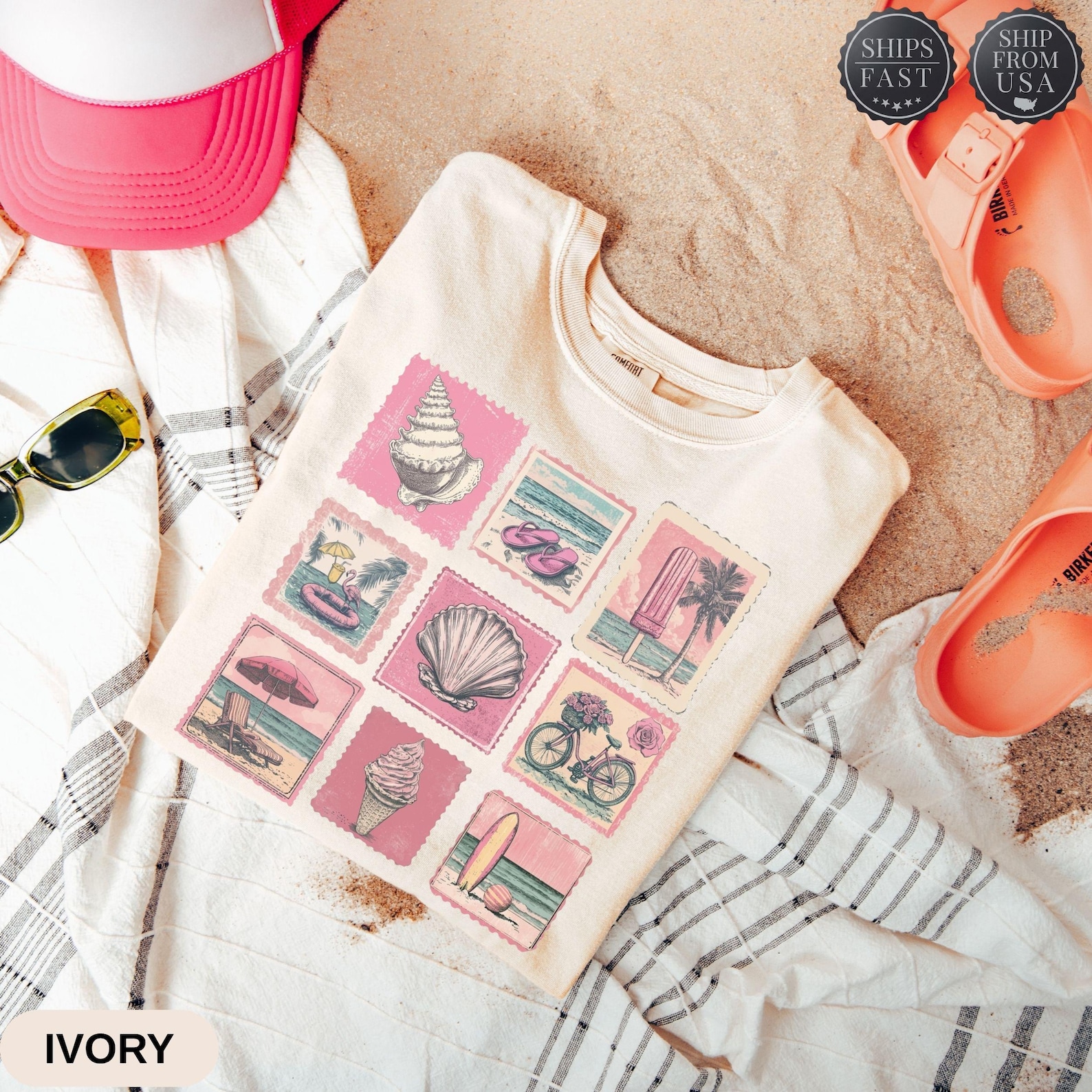 Vintage Beach Summer Vacation Shirt, Coastal Beach Apparel, Beachy Tee, Vintage Stamp Shirt For Women, Cute Summer Clothes, Sea Lovers Shirt