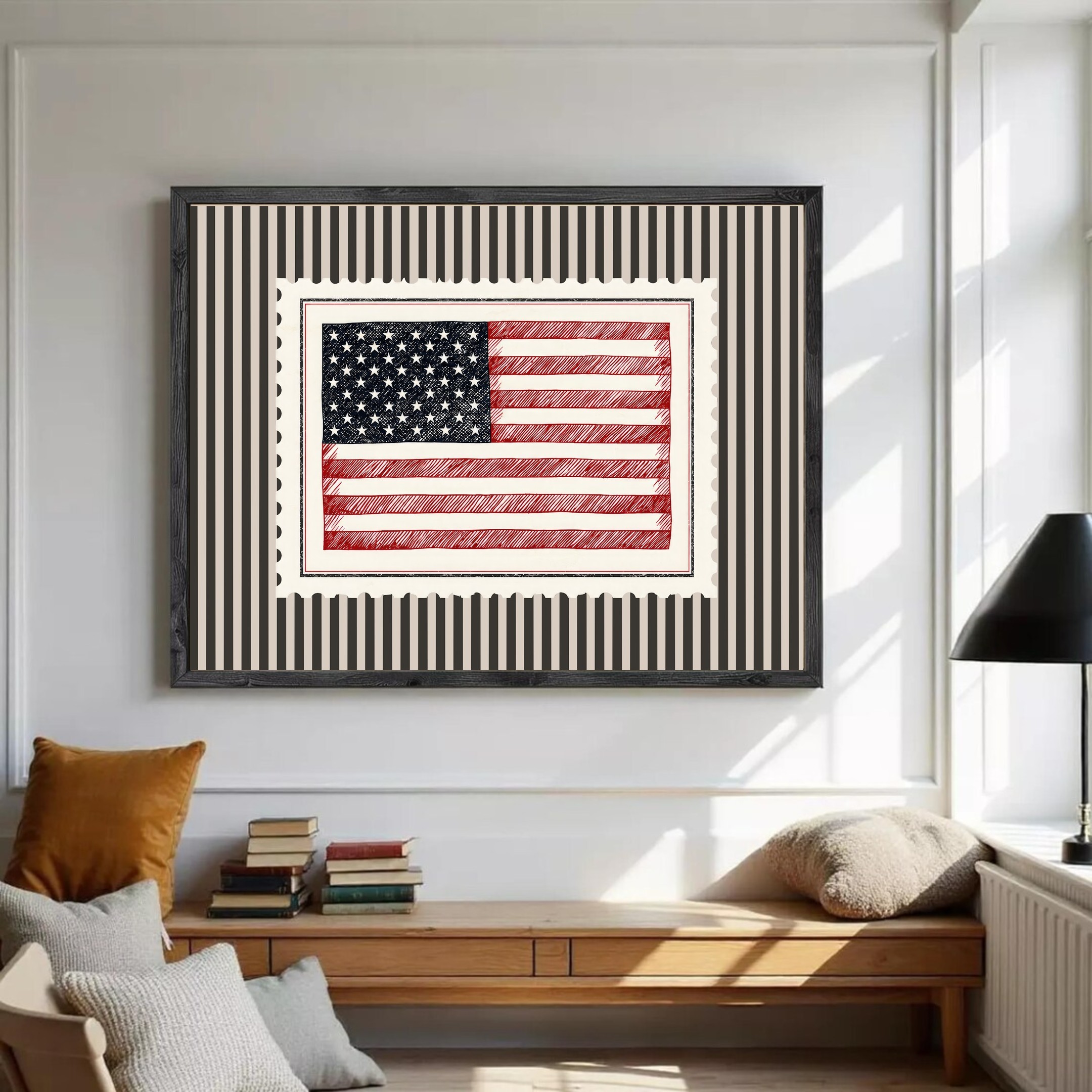 Alternative view of American Flag Wall Art, Vintage Americana Decor, Patriotic Poster, Retro Usa Flag Print, Fourth Of July Decor, Striped Minimalist Print