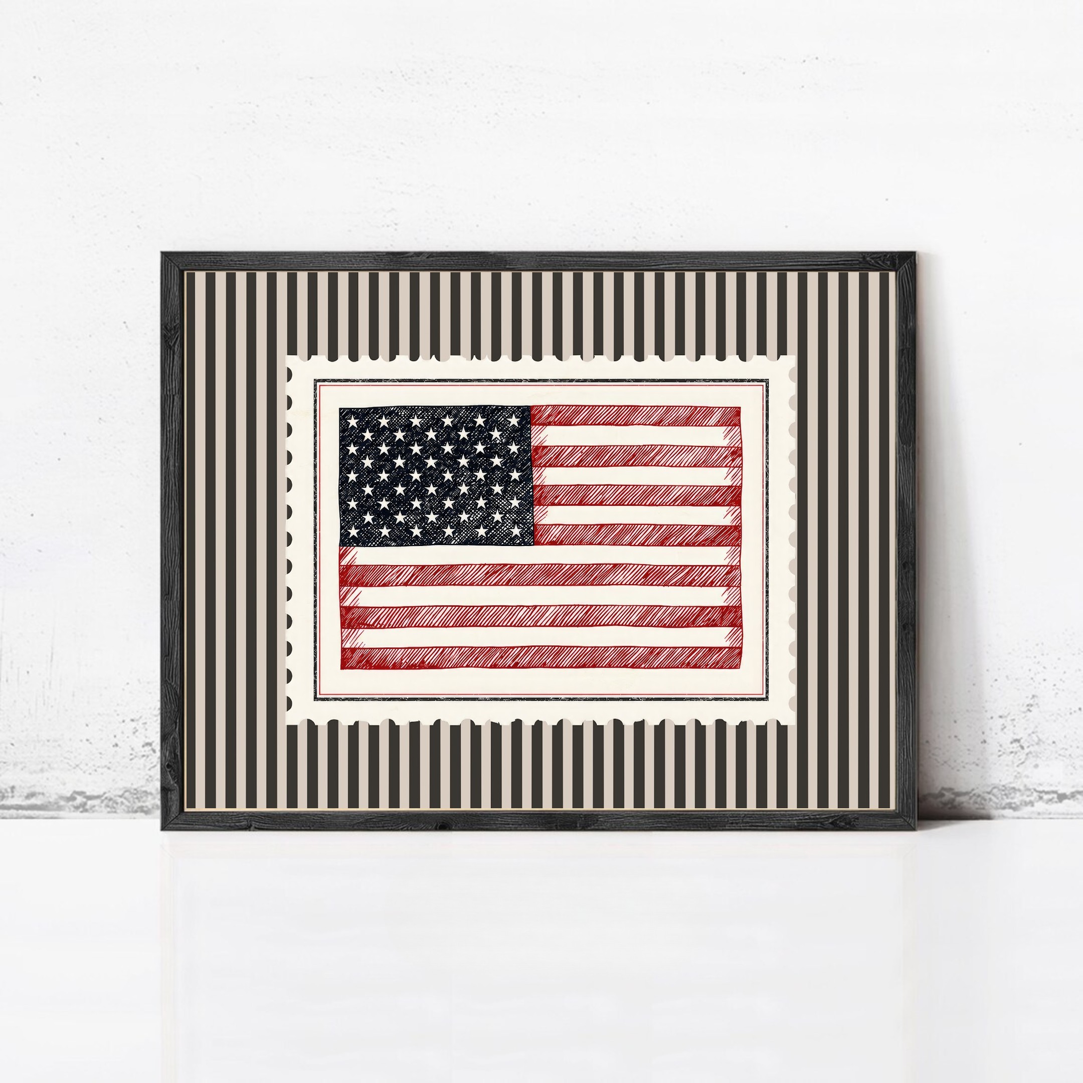 American Flag Wall Art, Vintage Americana Decor, Patriotic Poster, Retro Usa Flag Print, Fourth Of July Decor, Striped Minimalist Print