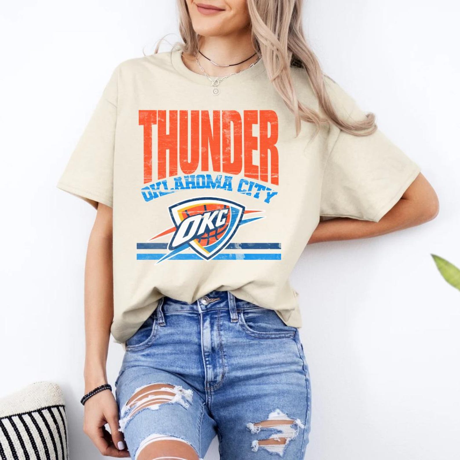 Distressed Varsity Okc Shirt; Oklahoma City Basketball Crewneck