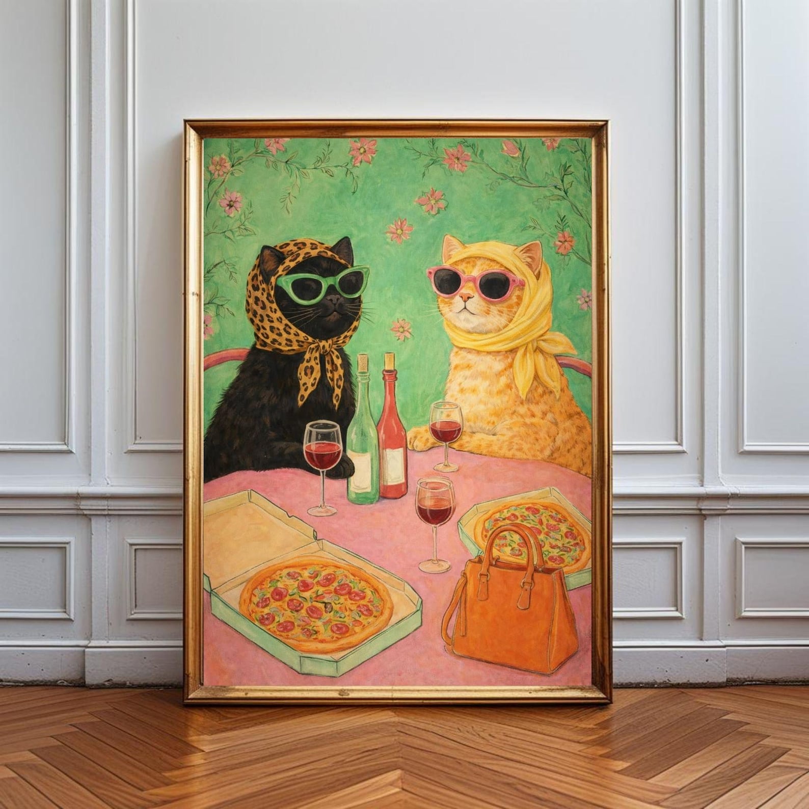 Funny Cat Wall Art Print, Whimsical Kitchen Poster, Fashion Cats Artwork, Colorful Animal Decor, Cute Pizza Cat Art, Maximalist Wall Print