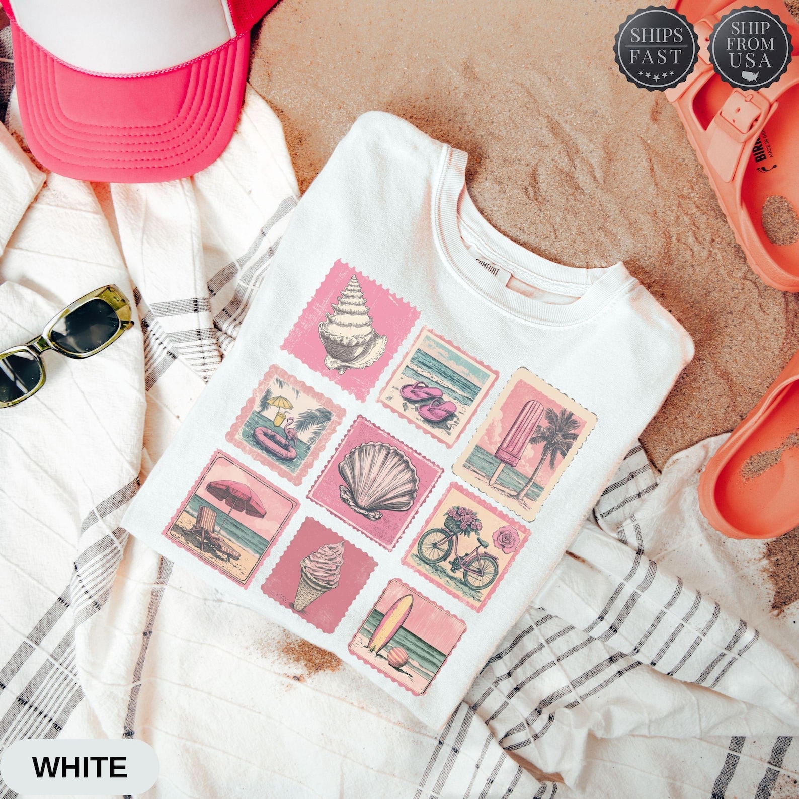 Alternative view of Vintage Beach Summer Vacation Shirt, Coastal Beach Apparel, Beachy Tee, Vintage Stamp Shirt For Women, Cute Summer Clothes, Sea Lovers Shirt