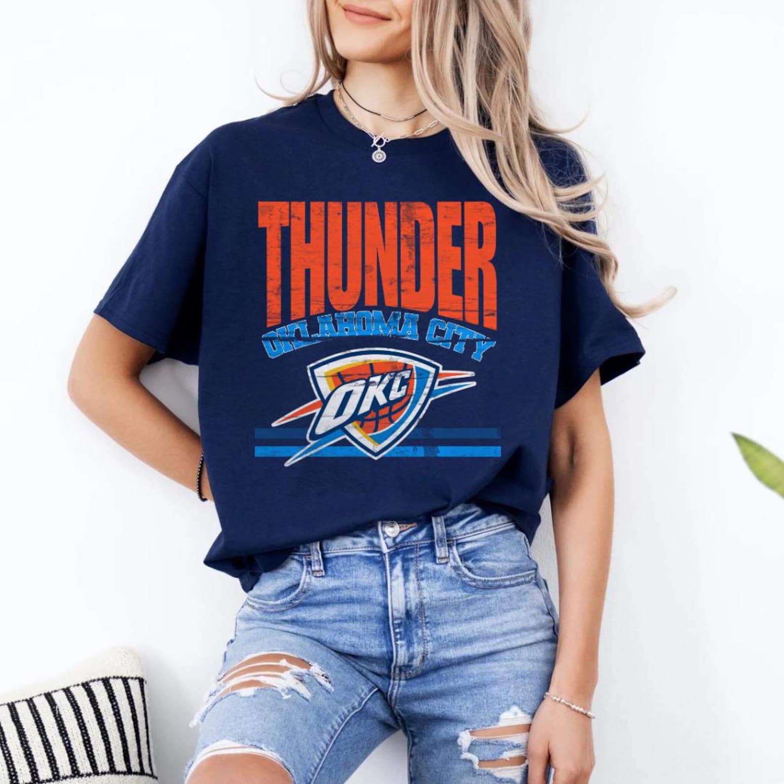 Distressed Varsity Okc Shirt; Oklahoma City Basketball Crewneck - Image 3